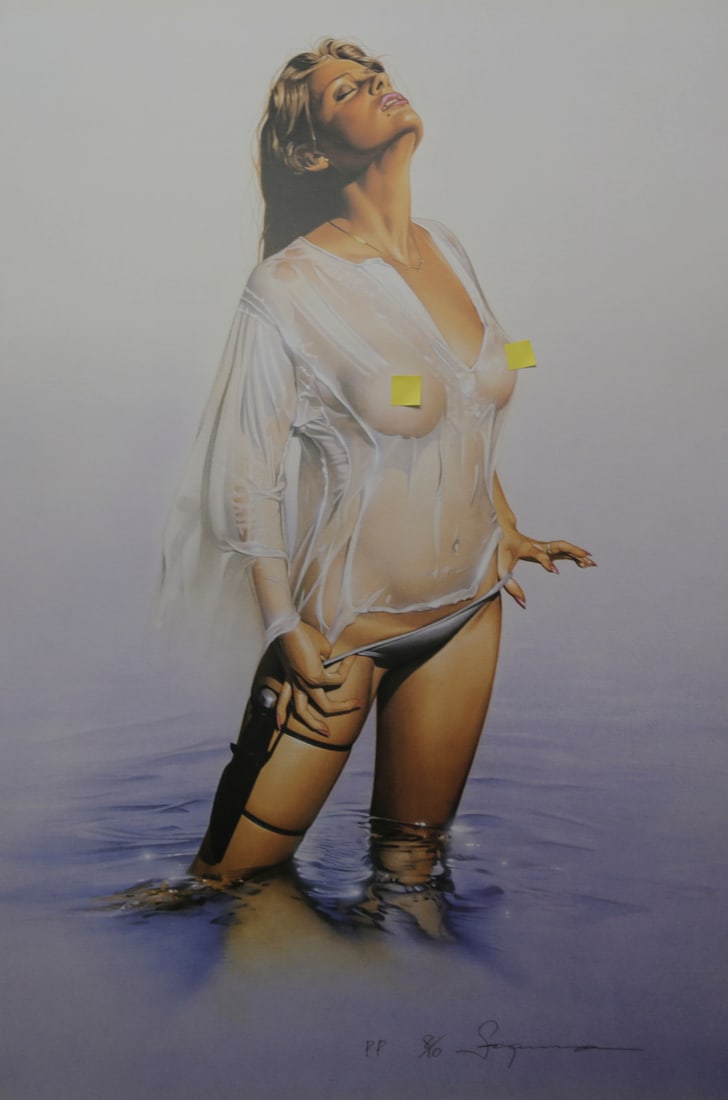 Hajime Sorayama Limited Edition Pinup Lithograph: Hand signed and numbered limited edition lithograph by Japanese artist Hajime Sorayama depicting a woman kneeling in water while wearing a sheer white top, black undergarment, and thigh holster. Signe