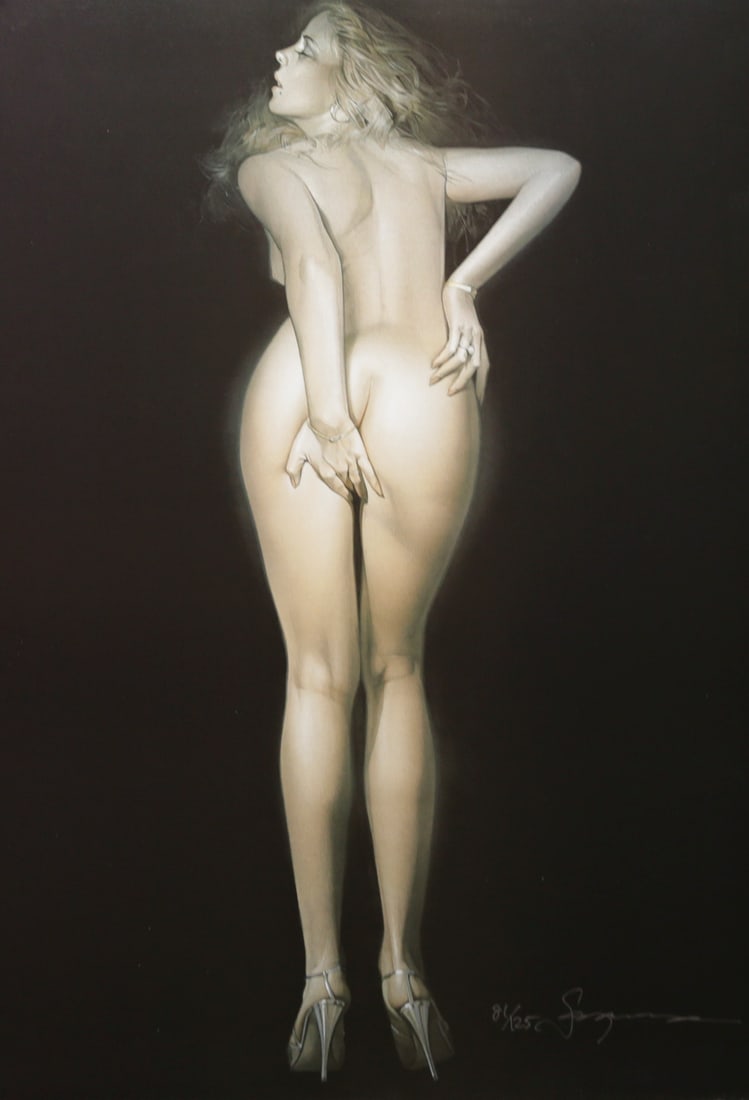 Hajime Sorayama Limited Edition Nude Lithograph: Hand signed and numbered limited edition lithograph by Japanese artist Hajime Sorayama depicting a standing nude woman in high heels against a dark background. Signed in white at lower right and numbe