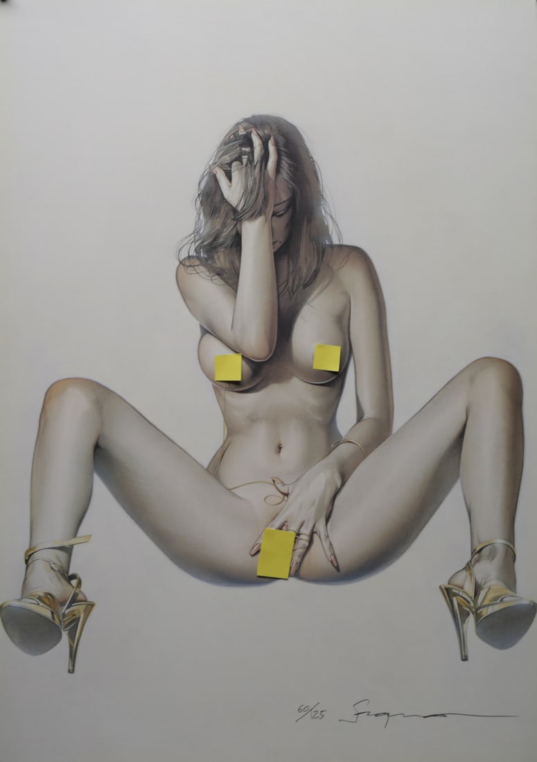 Hajime Sorayama Limited Edition Nude Lithograph: Hand signed and numbered limited edition lithograph by Japanese artist Hajime Sorayama depicting a seated nude woman wearing gold high heels. Executed in Sorayamas highly detailed realist style with s