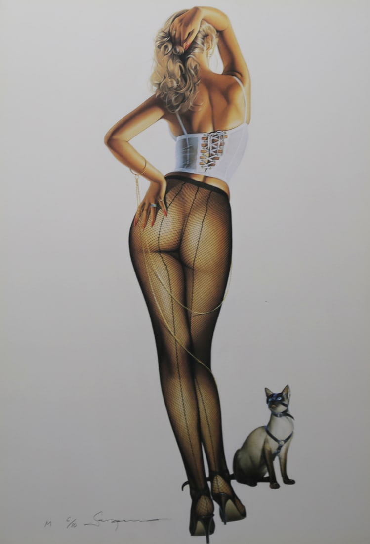 Hajime Sorayama Limited Edition Woman and Cat Lithograph: Hand signed and numbered limited edition lithograph by Japanese artist Hajime Sorayama depicting a blonde woman viewed from behind wearing a white lace up corset, black fishnet stockings, and high hee