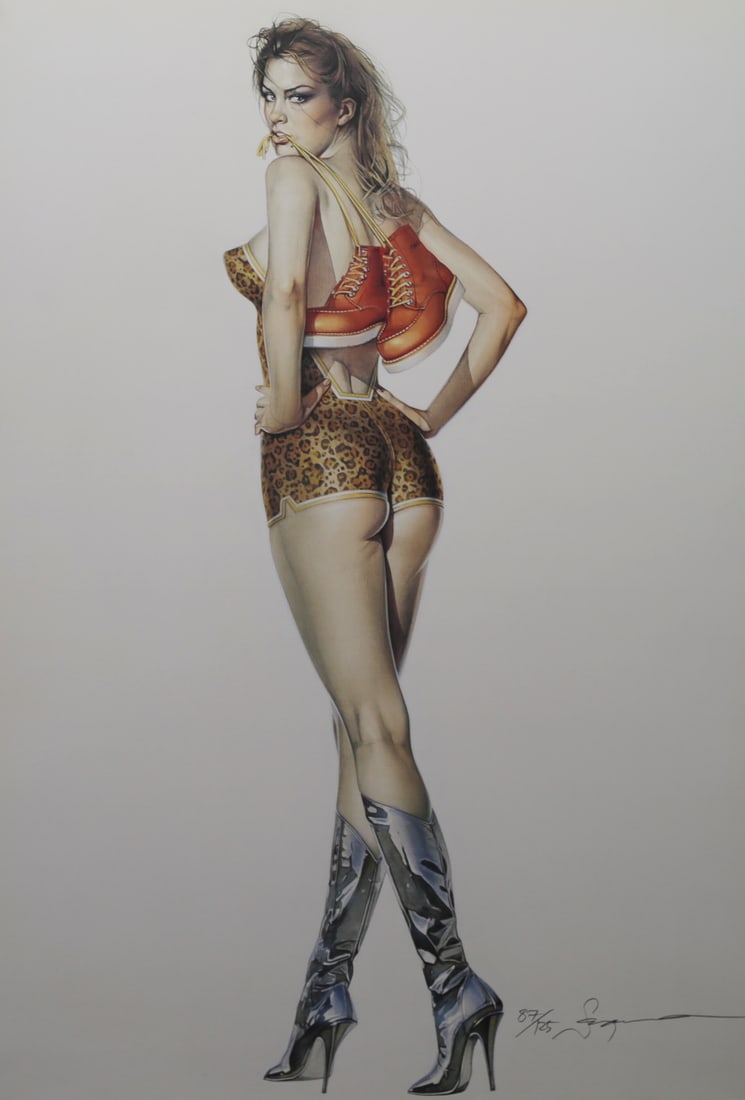 Hajime Sorayama Limited Edition Pinup Lithograph: Hand signed and numbered limited edition lithograph by Japanese artist Hajime Sorayama depicting a woman wearing a leopard print outfit and metallic high heeled boots with a pair of red lace up boots 