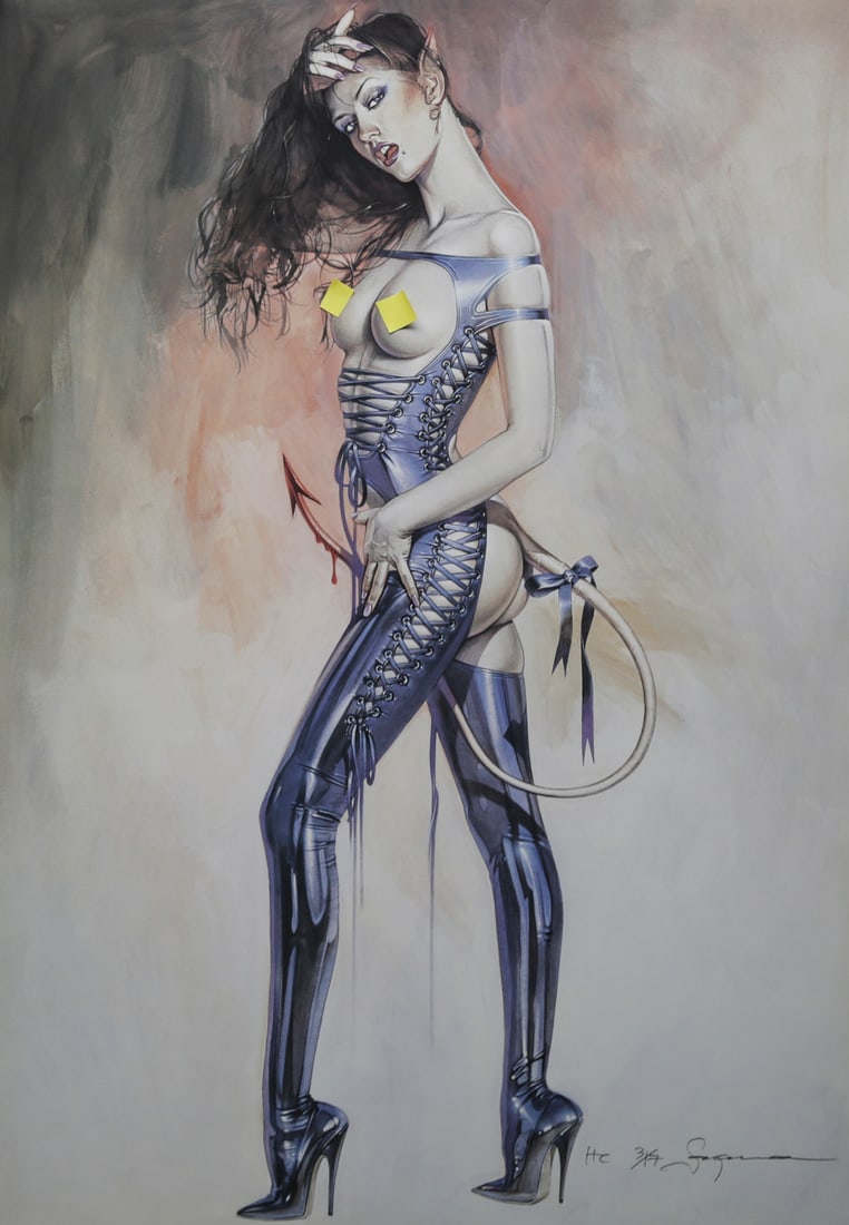 Hajime Sorayama Limited Edition Devil Woman Lithograph: Hand signed limited edition lithograph by Japanese artist Hajime Sorayama depicting a fantasy devil woman with pointed ears and a long tail wearing a lace up metallic bodysuit and thigh high heeled bo