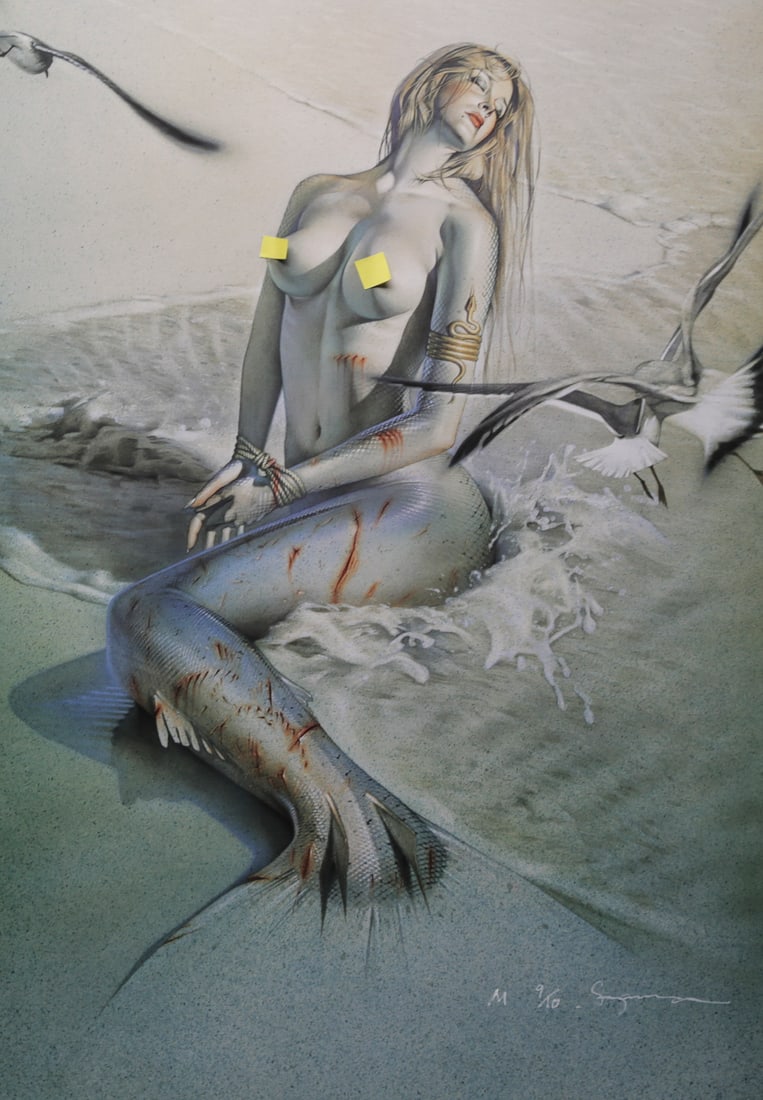 Hajime Sorayama Limited Edition Mermaid Lithograph: Hand signed and numbered limited edition lithograph by Japanese artist Hajime Sorayama depicting a reclining mermaid with a silver blue scaled tail surrounded by ocean waves and flying seabirds. Execu