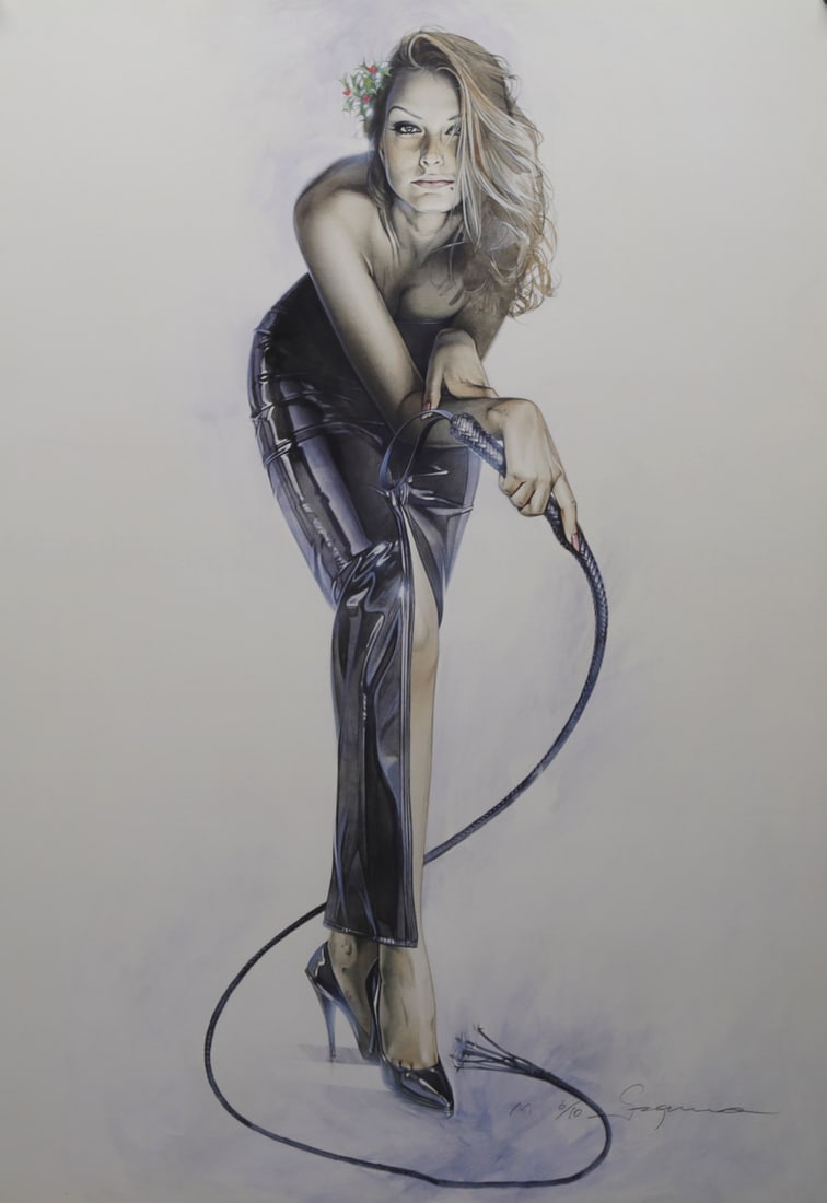 Hajime Sorayama Limited Edition Whip Lithograph: Hand signed and numbered limited edition lithograph by Japanese artist Hajime Sorayama depicting a blonde woman in sleek black trousers and high heels holding a long whip. Executed in Sorayamas highly