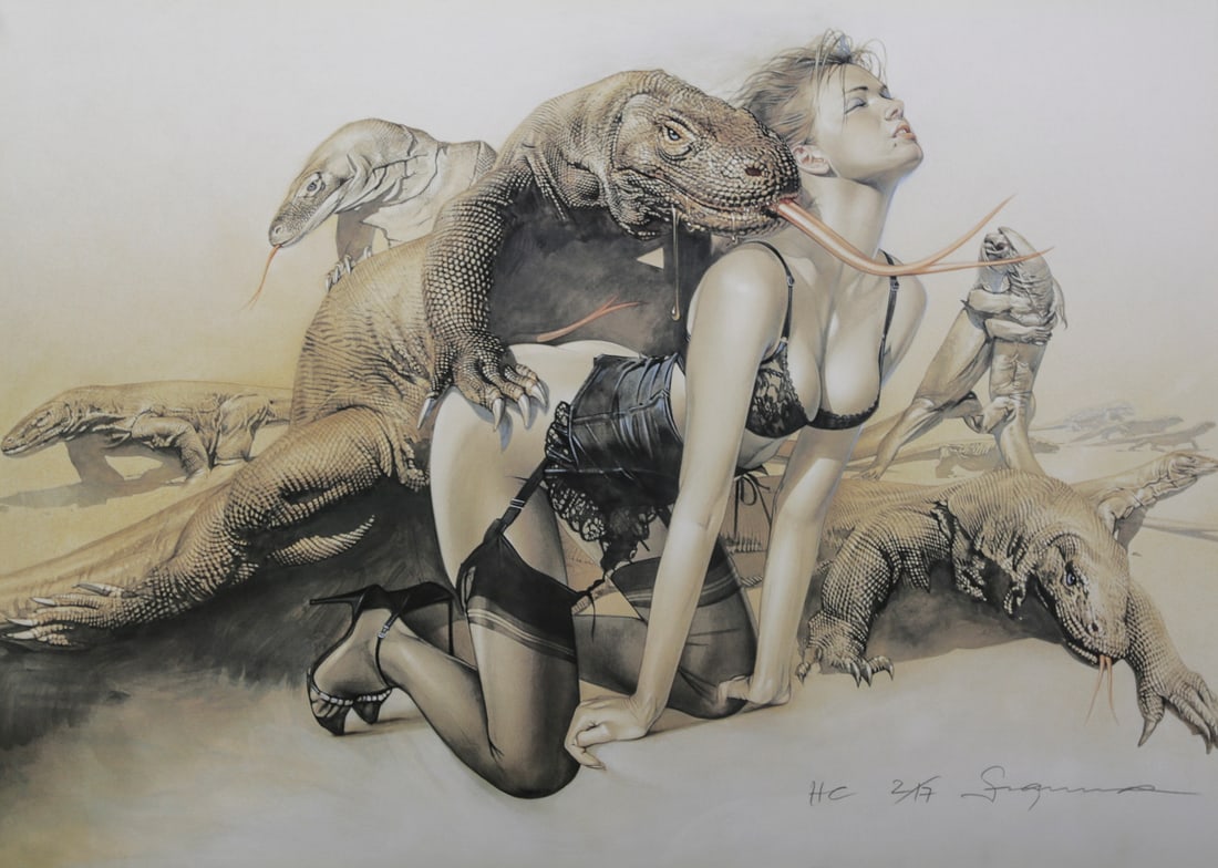 Hajime Sorayama Woman and Komodo Dragons Lithograph: Hand signed and numbered limited edition lithograph by Japanese artist Hajime Sorayama depicting a woman in black lingerie and stockings surrounded by Komodo dragons. Executed in Sorayamas highly deta