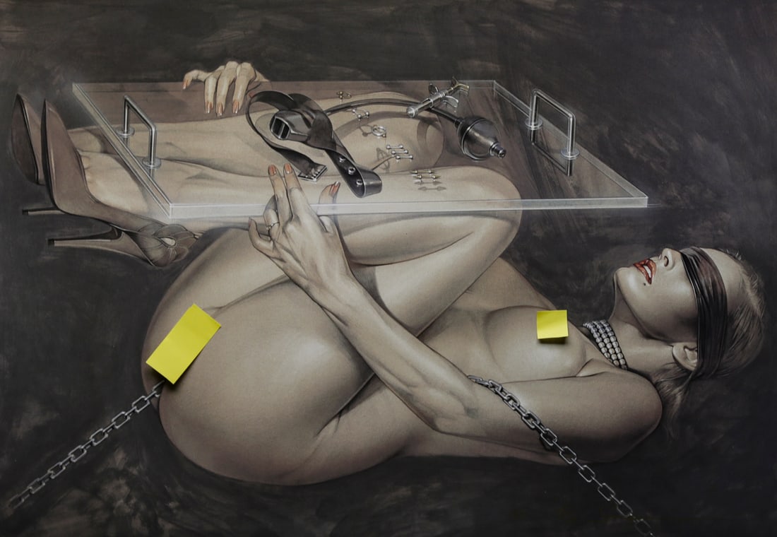 Hajime Sorayama Limited Edition Lithograph: Hand signed and numbered limited edition lithograph by Japanese artist Hajime Sorayama depicting two reclining female figures with chains and bondage themed accessories arranged around a transparent t