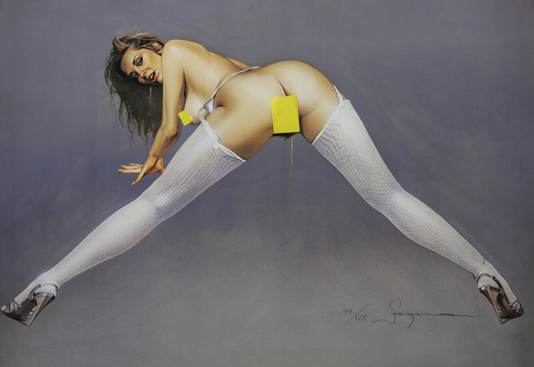 Hajime Sorayama Limited Edition Lithograph: Hand signed and numbered limited edition lithograph by Japanese artist Hajime Sorayama depicting a female figure posed in white stockings and high heels against a softly shaded gray background. Execut