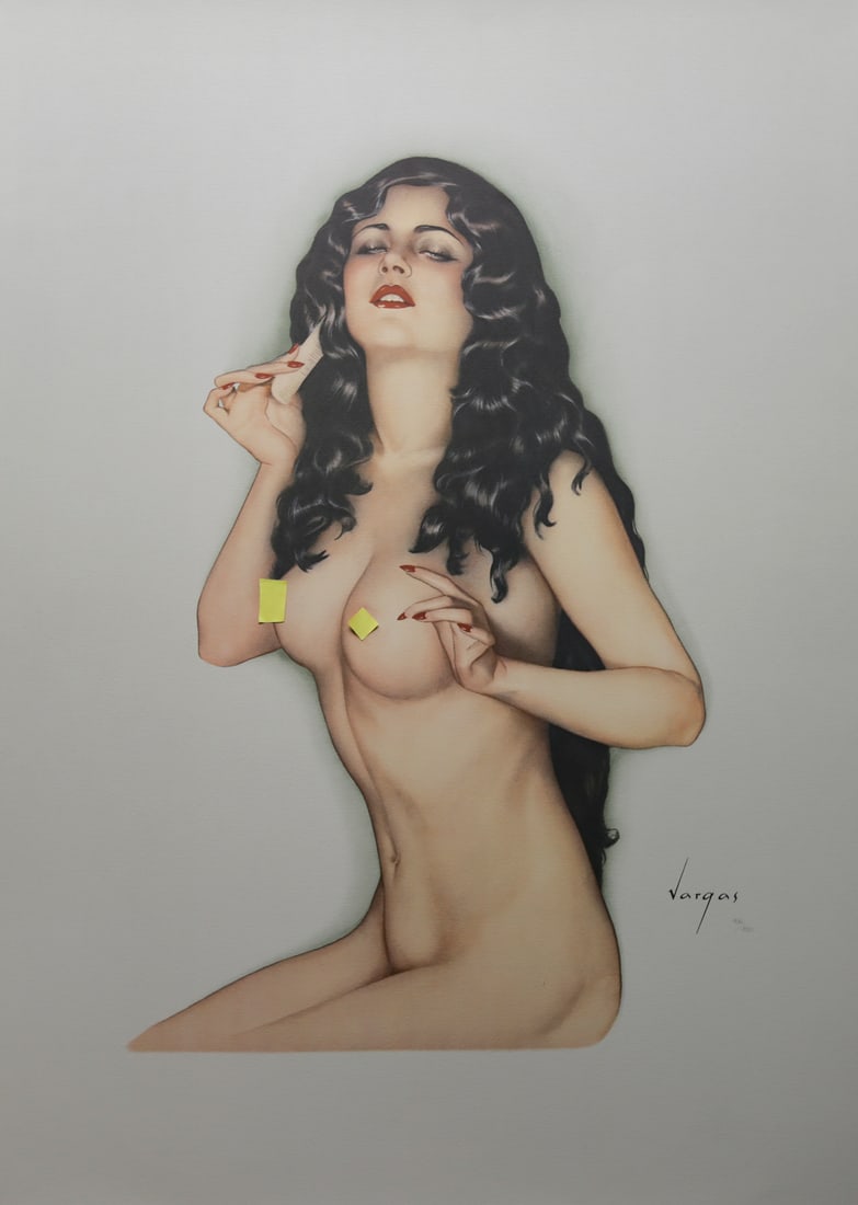 Alberto Vargas Nude Pin Up Limited Edition Lithograph: Limited edition lithograph by renowned Peruvian American pin up artist Alberto Vargas depicting a seated nude woman with long dark wavy hair holding a comb. Rendered with softly modeled skin tones, re