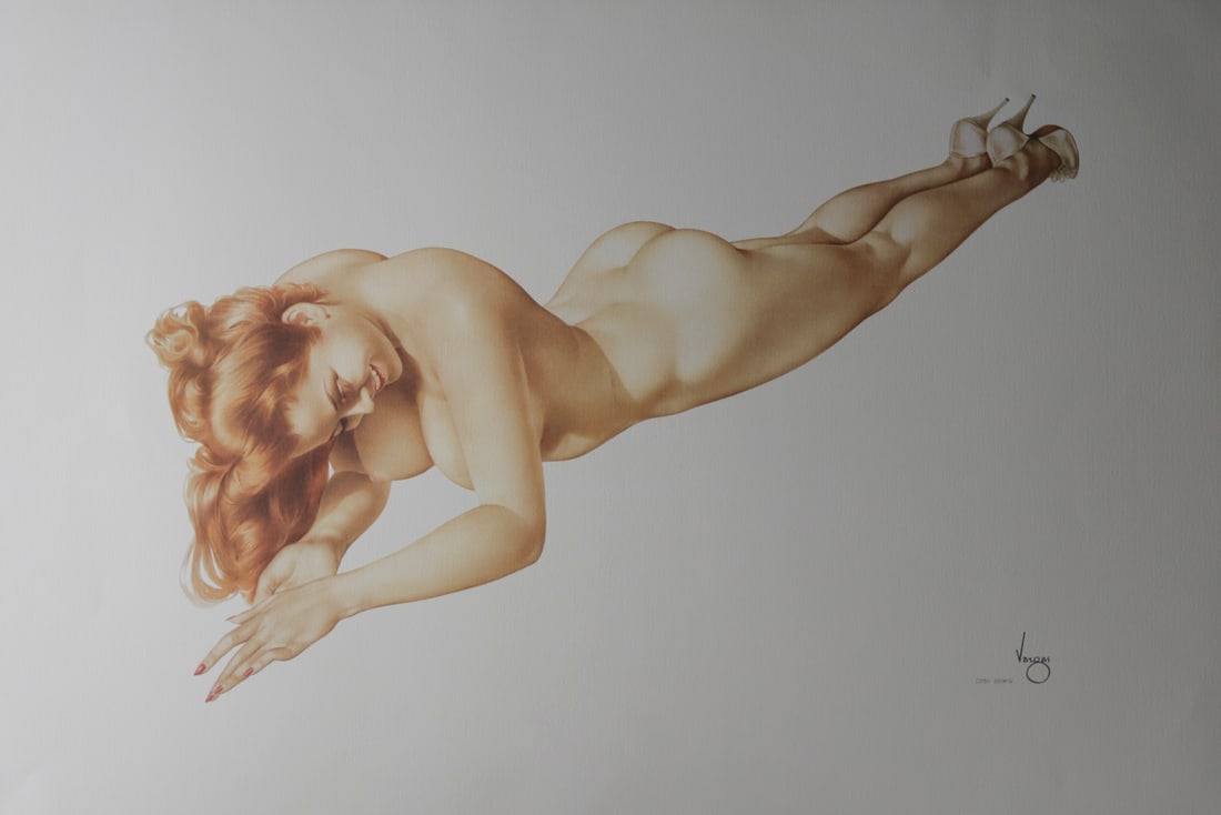 Alberto Vargas Reclining Nude Estate Lithograph: Limited edition lithograph after renowned Peruvian American pin up artist Alberto Vargas depicting a reclining red haired nude woman wearing high heels. Executed in warm sepia tones with delicate shad