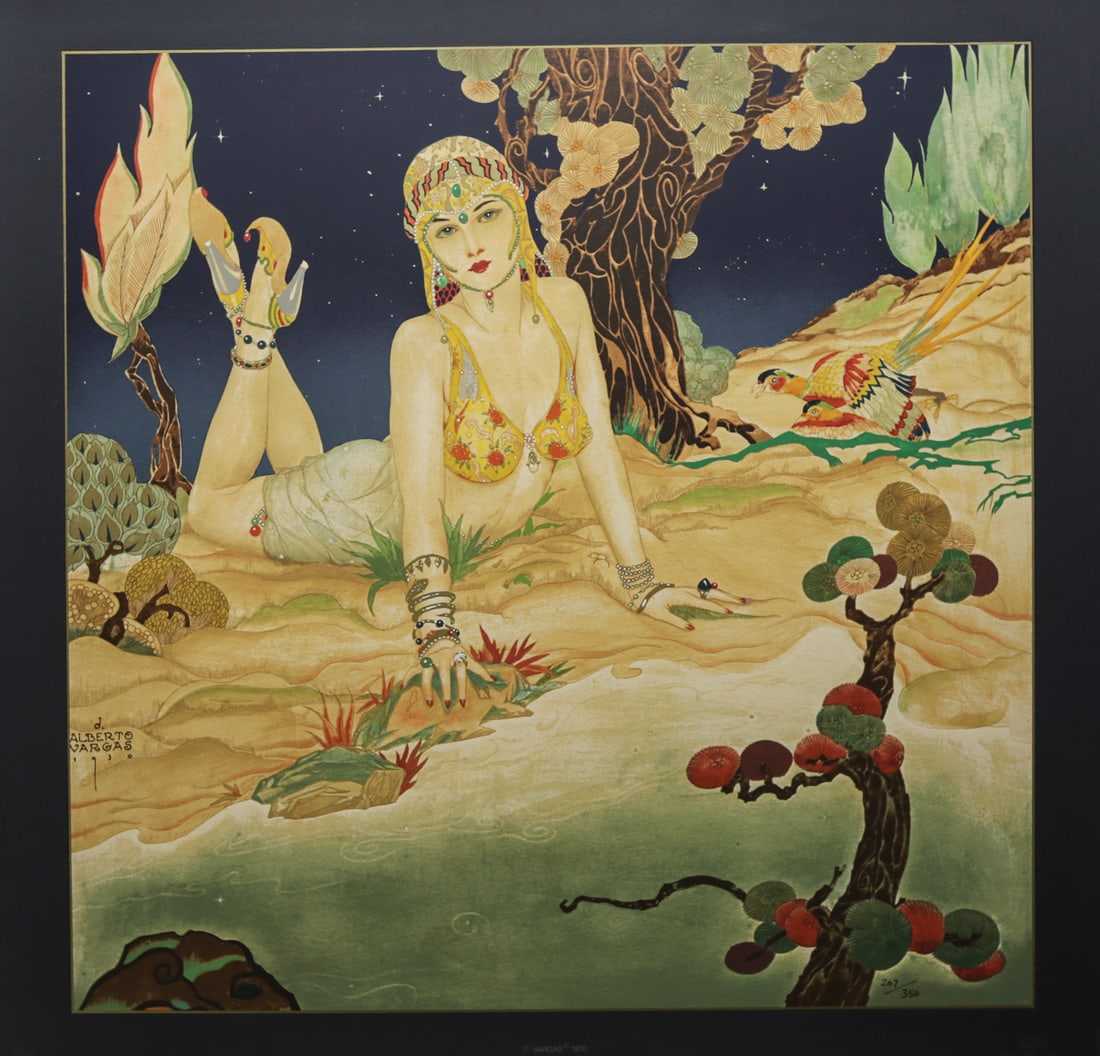 Alberto Vargas Exotic Pin Up Limited Edition Serigraph: Limited edition serigraph after Peruvian American pin up artist Alberto Vargas depicting an elegantly adorned woman reclining within a richly detailed exotic landscape of stylized trees flowers birds 