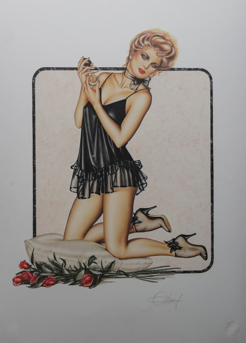 Olivia De Berardinis Perfume Pin Up Lithograph: Limited edition lithograph by American pin up artist Olivia De Berardinis depicting a kneeling blonde woman wearing a black satin negligee and high heels while holding a perfume bottle. The