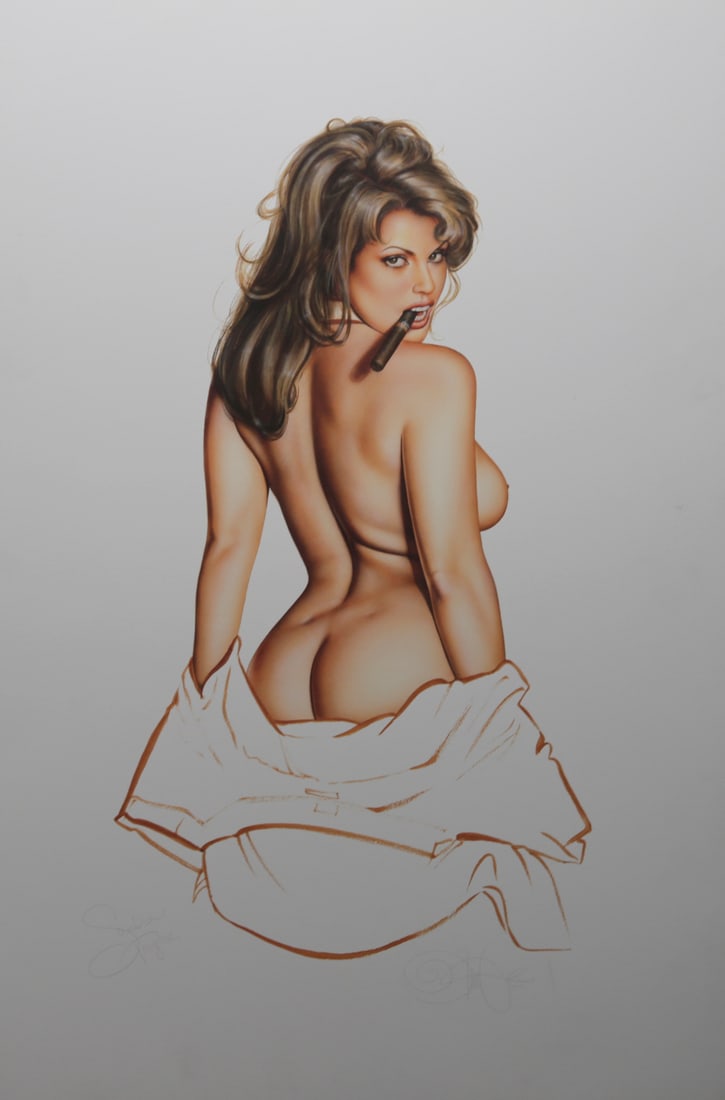 Olivia De Berardinis Spontaneous Combustion Relit Lithograph: Limited edition lithograph by American pin up artist Olivia De Berardinis depicting model Sandra Taylor posed with a cigar and partially draped garment. Pencil signed by Olivia De Berardinis and addit
