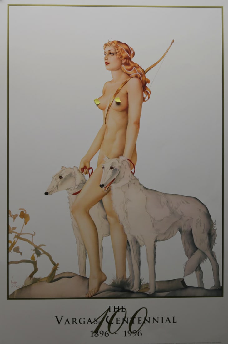 Alberto Vargas Diana Centennial 1996 Poster: Vintage poster produced for the Alberto Vargas Centennial commemorating the artists life from 1896 to 1996. The composition depicts the mythological huntress Diana carrying a bow and accompanied by