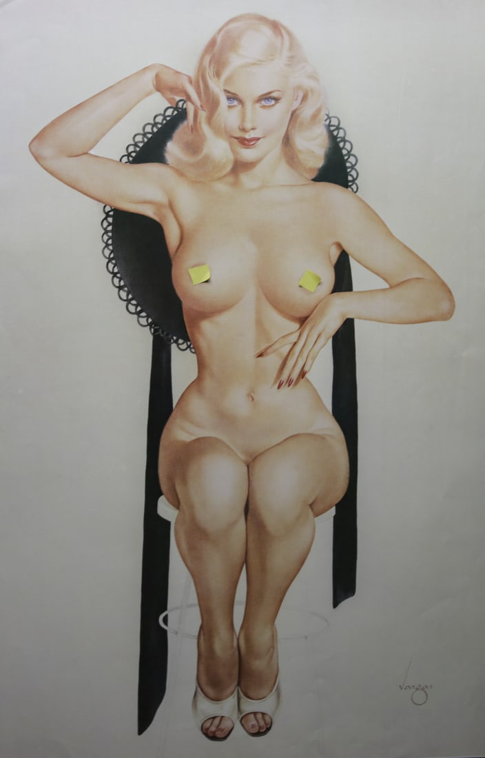 Alberto Vargas Blonde Pin Up Poster: Large vintage poster after an Alberto Vargas pin up illustration depicting a seated blonde woman posed against a black high backed chair. The composition reflects Vargas distinctive glamour style with