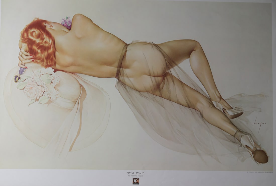 Alberto Vargas World War II 1975 Poster: Vintage 1975 poster titled World War II by Alberto Vargas, depicting a reclining red haired pin up draped in sheer fabric and resting beside flowers and a military medal. Published by Jack OGrady Gall