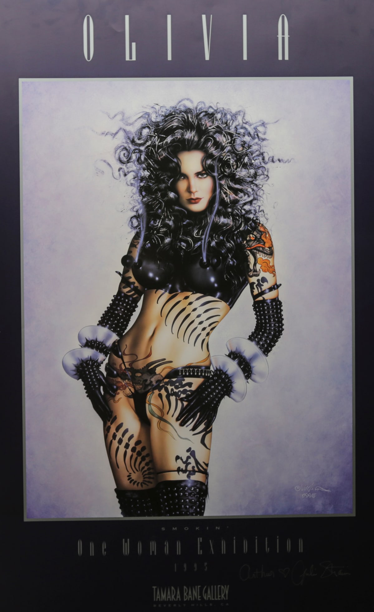 Olivia De Berardinis Smokin Signed Lithograph: Large 1995 lithograph by American pinup artist Olivia De Berardinis, created for the Smokin One Woman Exhibition at Tamara Bane Gallery in Beverly Hills. Depicts model Julie Strain in an elaborate