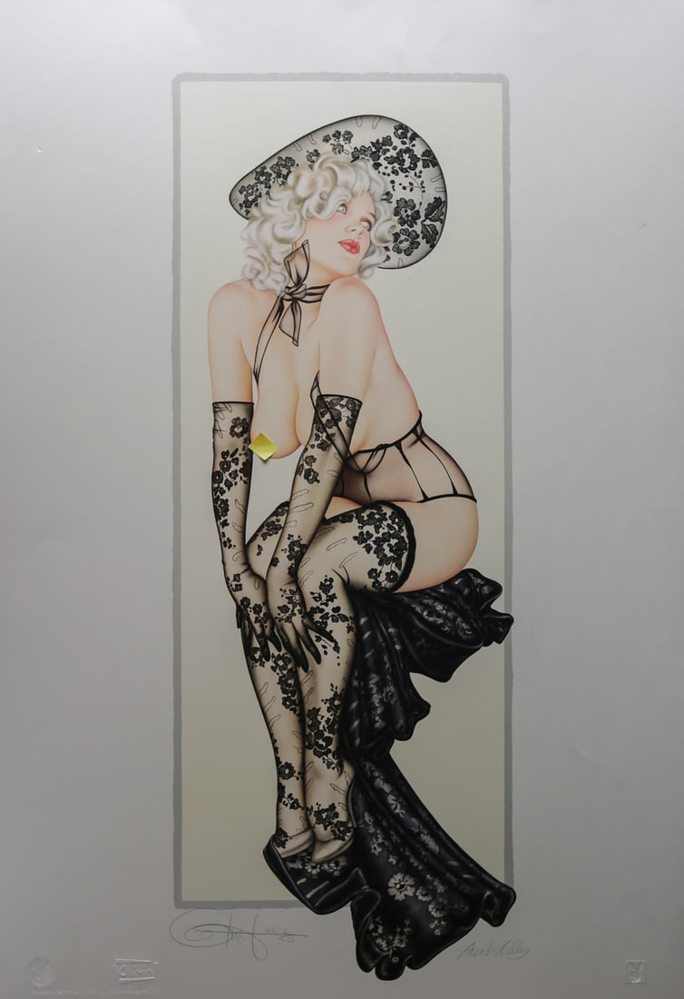 Olivia De Berardinis Monde Milieu Signed Lithograph: Limited edition lithograph by American pinup artist Olivia De Berardinis titled Monde Milieu, depicting a blonde figure dressed in elaborate black floral lace lingerie with matching stockings and hat.