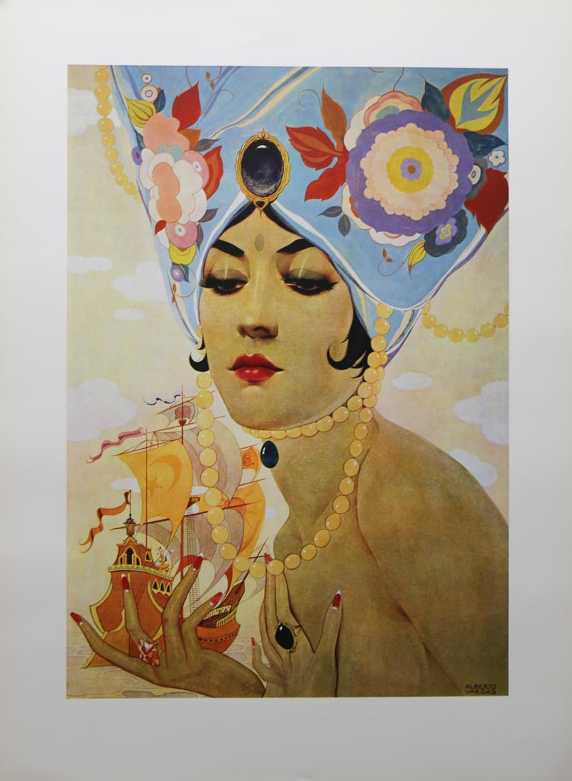 Alberto Vargas Exotic Beauty with Ship Poster: Vintage poster after Alberto Vargas depicting an exotic woman wearing an elaborate blue floral headdress and strands of pearls while holding a sailing ship. Rendered in the artists distinctive Art