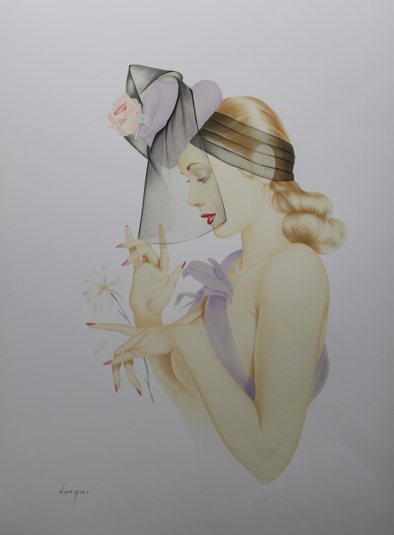 Alberto Vargas Signed Woman with Veil Giclee: Signed giclee print after Alberto Vargas depicting an elegant blonde woman wearing a sheer black veil accented with a lavender bow and pink rose while delicately holding a white flower. Executed in th