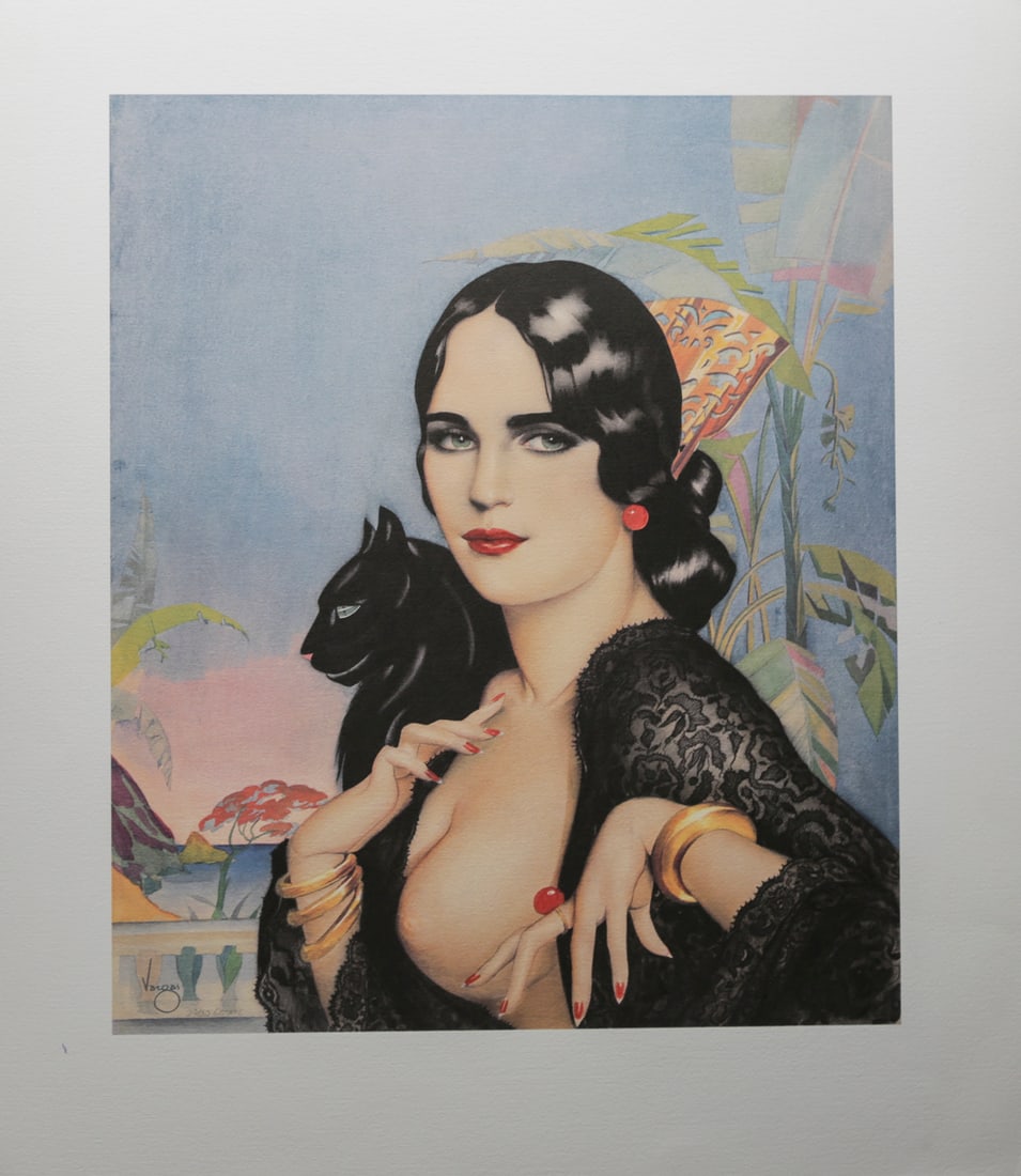 Alberto Vargas Woman with Black Cat Poster: Limited edition estate poster after Alberto Vargas depicting an elegant dark haired woman in a black lace garment posed with a black cat against a colorful tropical background. The composition reflect