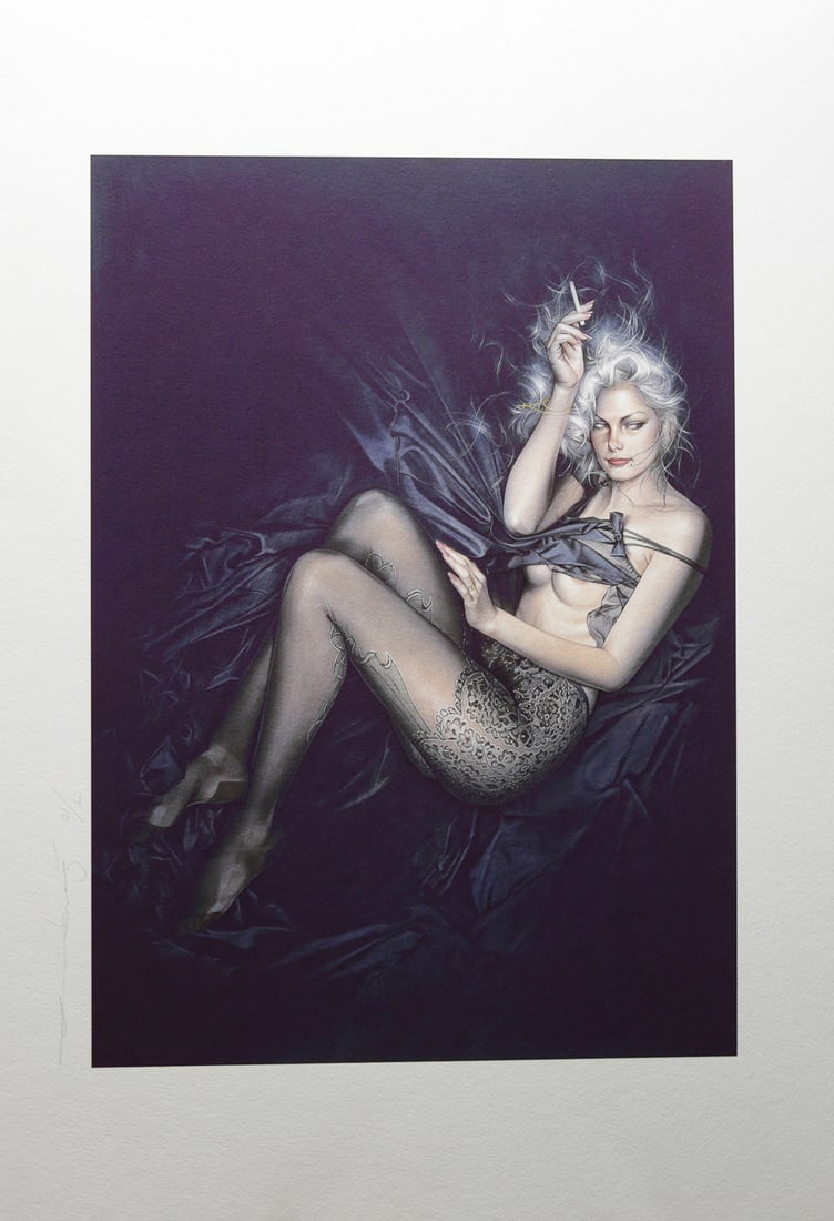 Olivia De Berardinis Signed Smokin Poster: Limited edition poster titled Smokin by American pinup artist Olivia De Berardinis depicting model Julie Strain reclining against dark satin fabric while wearing black lace stockings and holding a