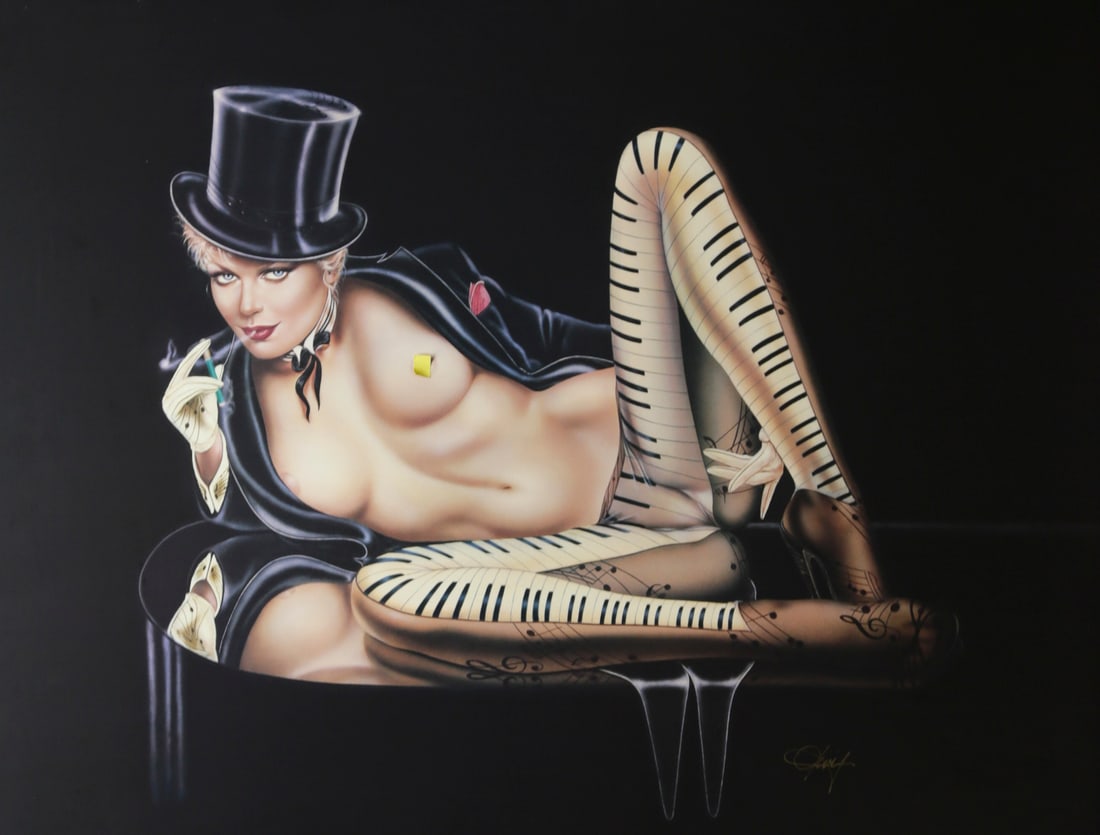Olivia De Berardinis Signed Piano Lady Poster: Signed pinup poster depicting a woman in a top hat reclining on a piano while wearing stockings decorated with piano keys and musical notes. The composition features a dramatic black background and