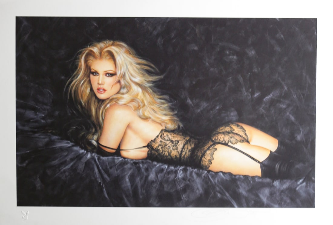 Olivia De Berardinis Signed Nylon Jungle Lithograph: Limited edition lithograph on archival paper titled Nylon Jungle by American pinup artist Olivia De Berardinis. The composition depicts a blonde model wrapped in sheer ribbon stockings and is