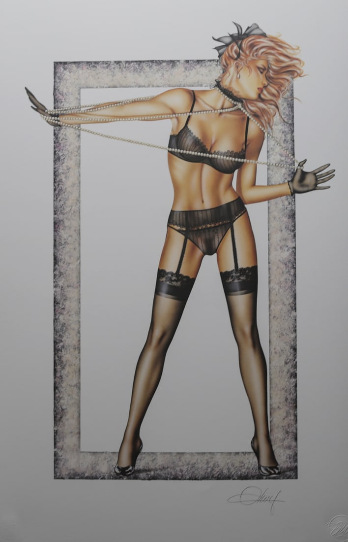 Olivia De Berardinis Signed Lady with Pearls: Signed pinup print by American artist Olivia De Berardinis depicting a blonde model wearing black lingerie and stockings while entwined in long strands of pearls. Rendered in the artists refined