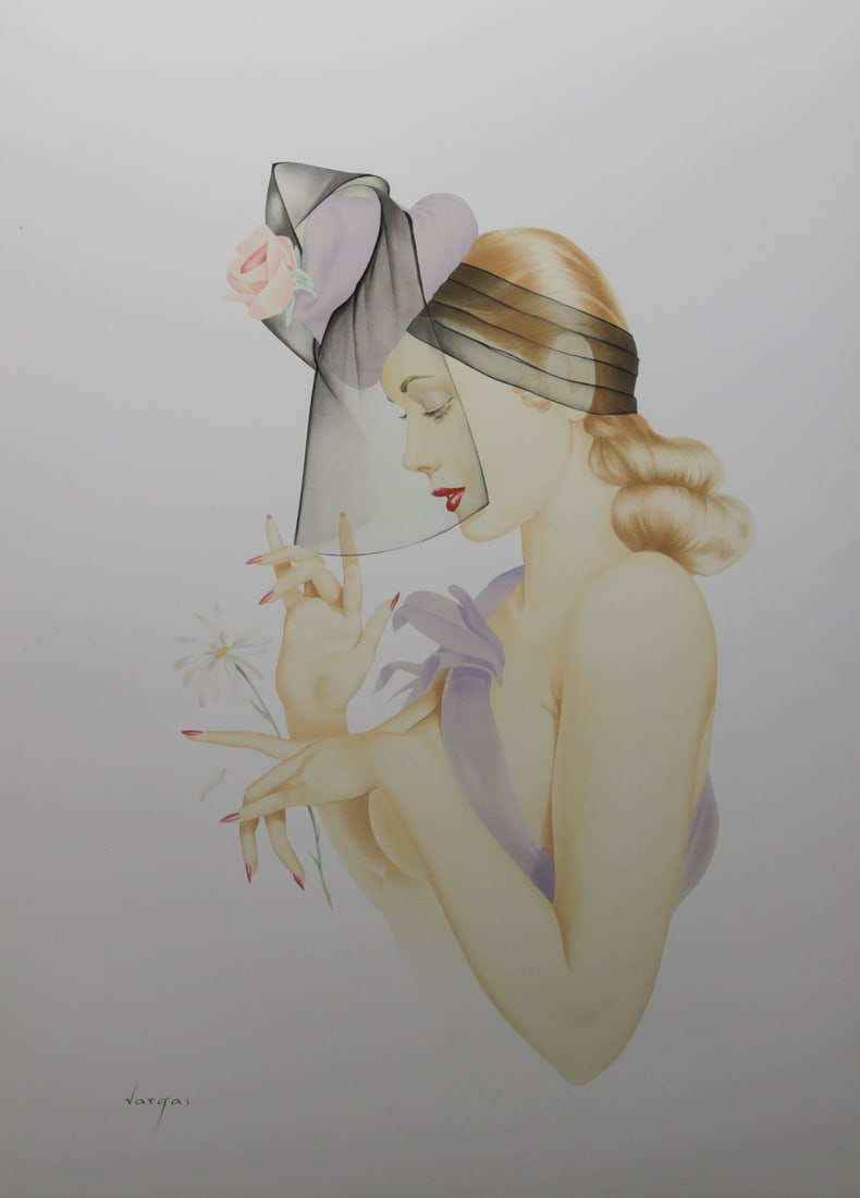 Signed Art Deco Woman Lithograph: Lithograph depicting an elegant woman in profile wearing a sheer floral veil. Signed in pencil at lower left. Measures approximately 29 x 21.5 inches.