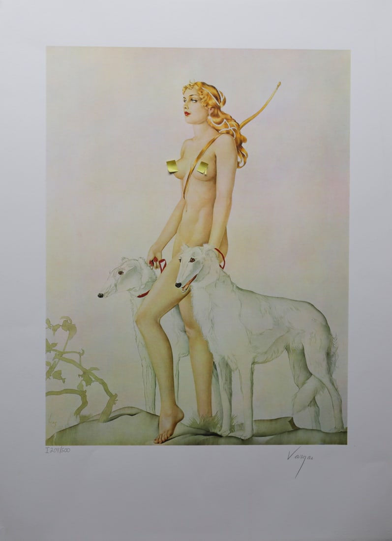 Alberto Vargas Diana Limited Edition Lithograph: Limited edition lithograph on archival paper depicting Diana the Roman goddess of the hunt holding a bow and accompanied by two white Borzoi dogs. Rendered in delicate pastel tones with elegant Art