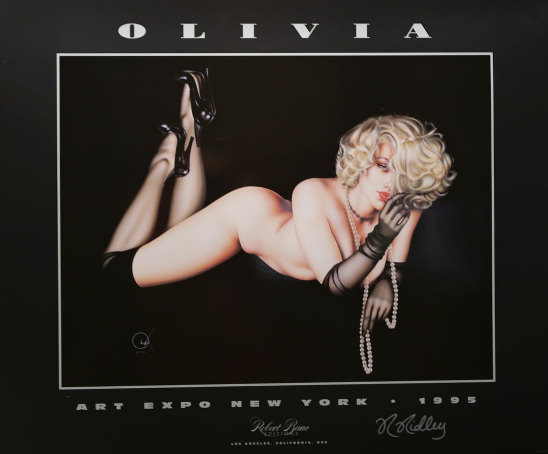Olivia Art Expo New York 1995 Poster: Vintage exhibition poster created for Art Expo New York in 1995, featuring a glamorous blonde pinup reclining against a dramatic black background while wearing sheer gloves, high heels, and a long