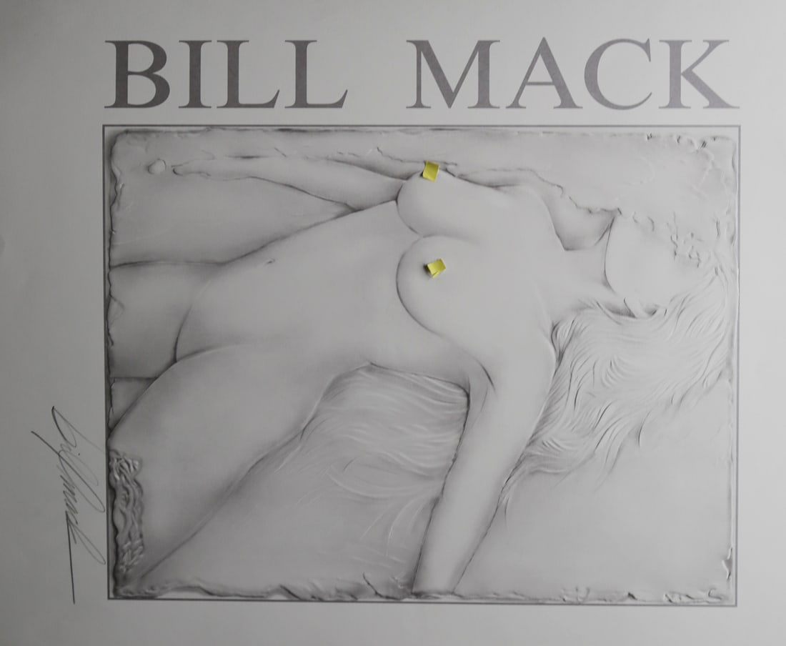 Bill Mack Signed Nude Giclee Print: Giclee print depicting a reclining female nude rendered in the sculptural relief style associated with Bill Mack. The monochromatic composition uses soft shading and raised form effects to create the