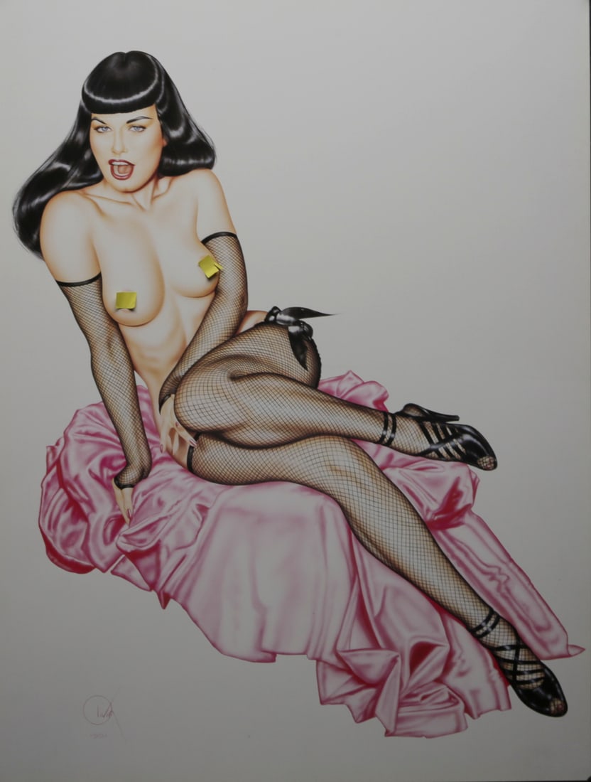 Olivia Bettie Page Pinup Poster: Vintage pinup poster depicting Bettie Page posed on pink satin while wearing black fishnet stockings, matching gloves, and high heels. The composition reflects classic mid century glamour with a bold
