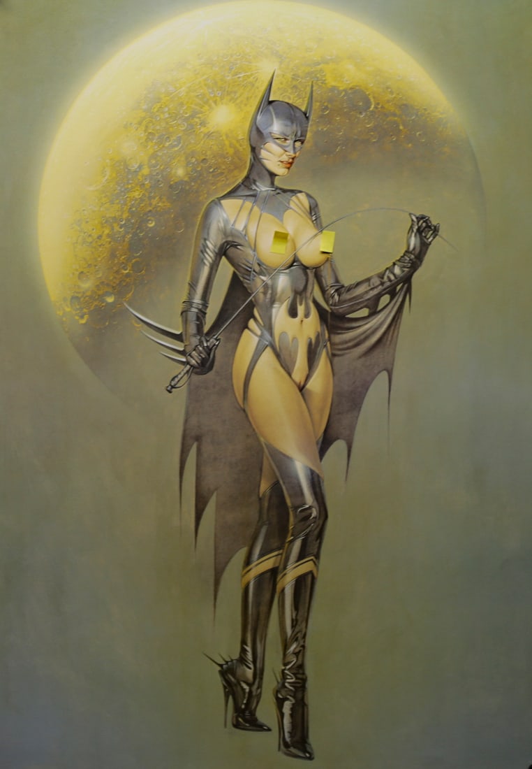 Hajime Sorayama Catwoman Poster: Poster after Hajime Sorayama depicting a futuristic Catwoman figure in a metallic costume posed before a luminous full moon. The composition blends comic book imagery with Sorayama’s distinctive