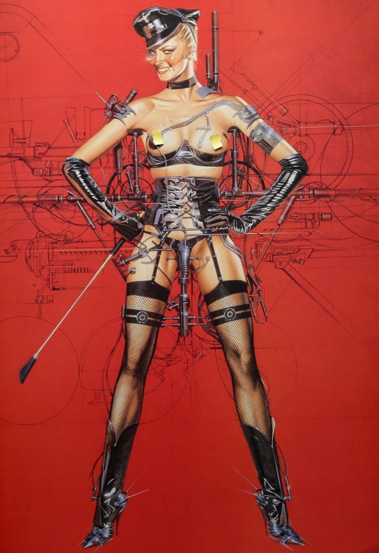 Hajime Sorayama Futuristic Pinup Poster: Poster by Japanese artist Hajime Sorayama depicting a futuristic female figure wearing glossy black lingerie, fishnet stockings, boots, and mechanical attachments against a vivid red technical