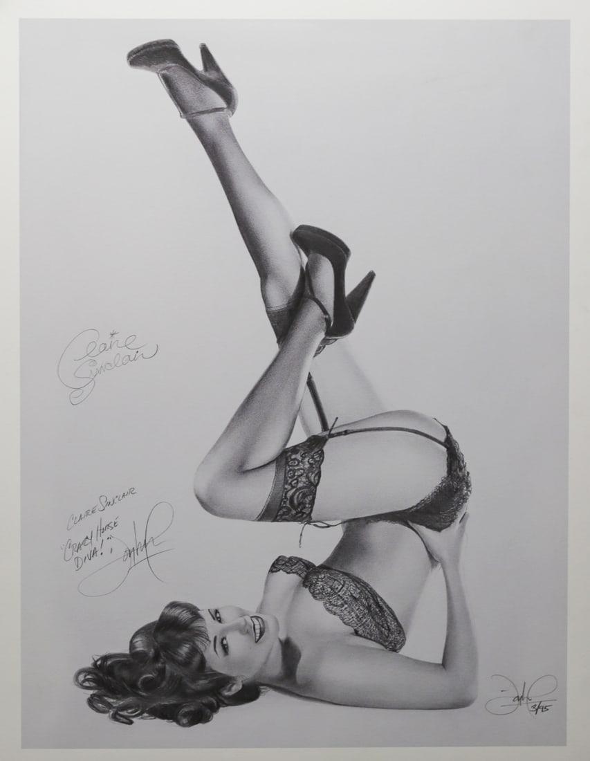 Jon Hul Crazy Horse Diva Lithograph: Limited edition lithograph by Jon Hul titled Crazy Horse Diva, dated 2011, depicting Claire Sinclair, Playboys Playmate of the Year, reclining in lingerie, stockings, and high heels. Hand signed by