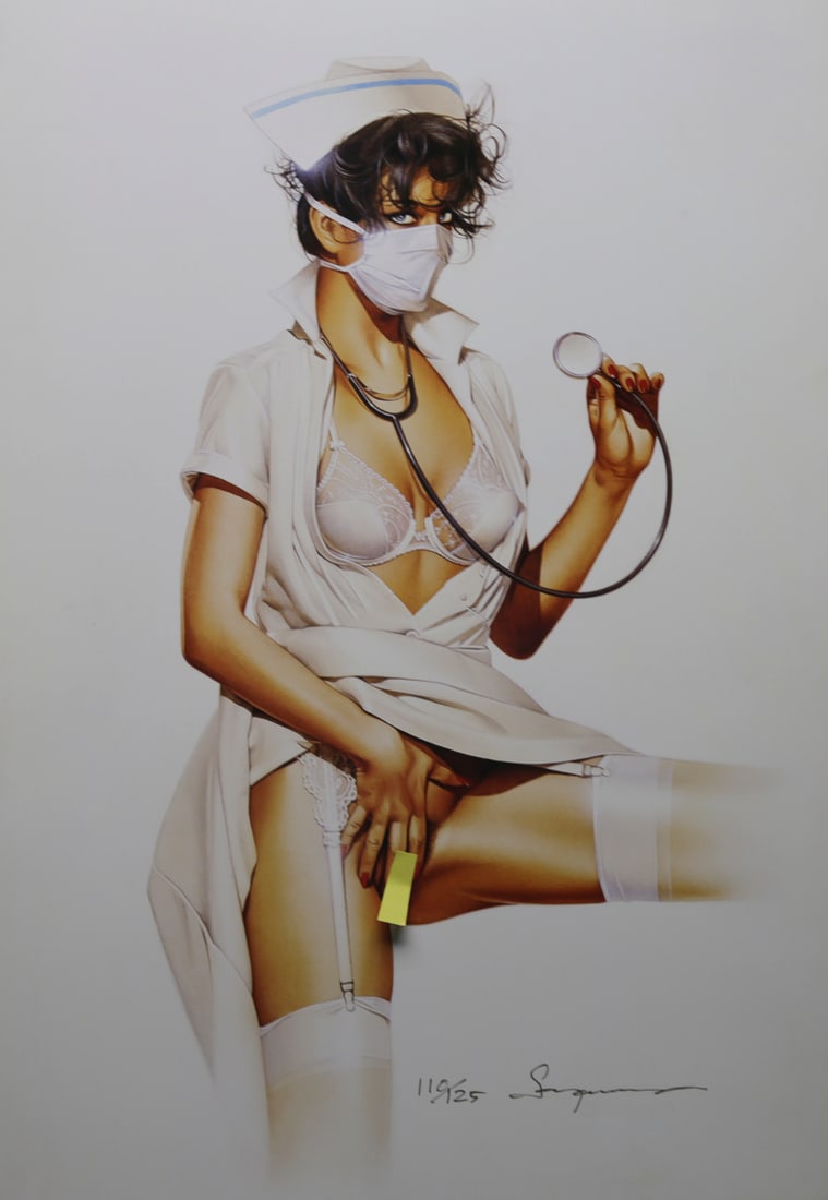 Hajime Sorayama Signed Nurse Pinup Poster: Limited edition poster by Japanese artist Hajime Sorayama depicting a nurse in white lingerie and stockings holding a stethoscope. The composition demonstrates Sorayamas distinctive photorealistic
