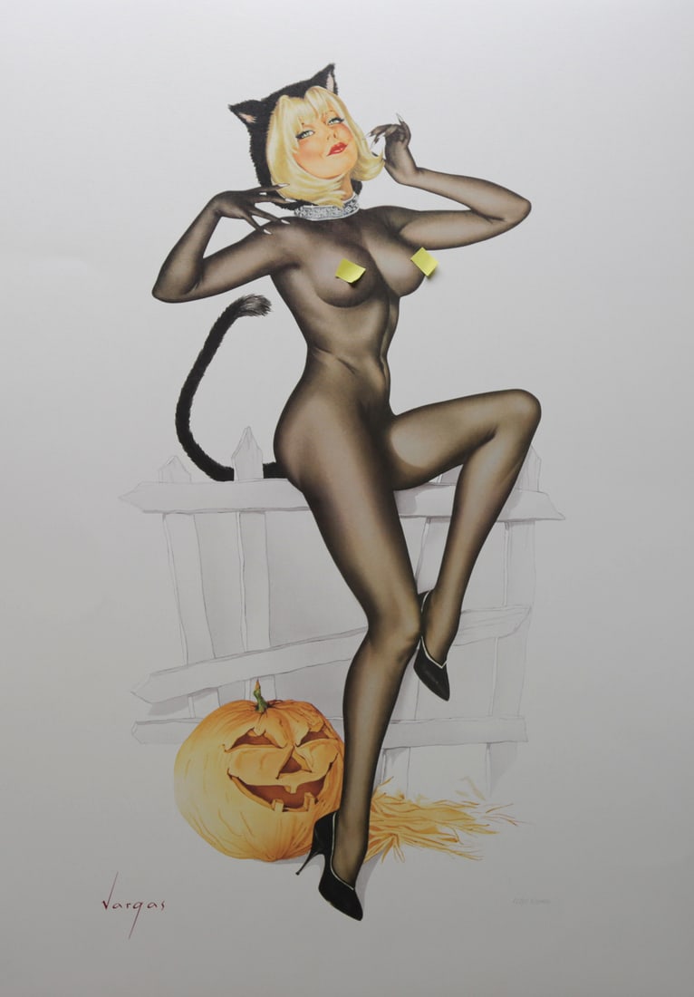 Alberto Vargas Halloween Cat Limited Edition Lithograph: Limited edition lithograph after Alberto Vargas depicting a blonde pinup dressed as a black cat, posed beside a carved Halloween pumpkin and rustic fence. Bears the Vargas signature at lower left and