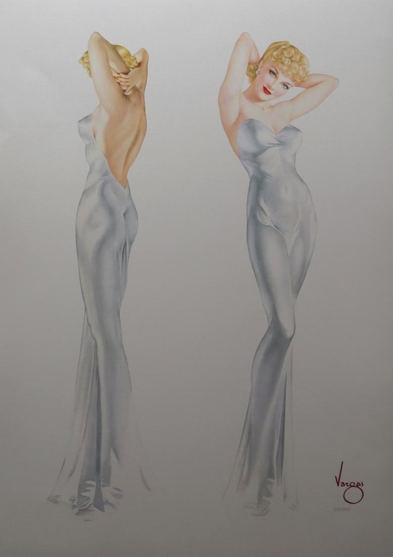 Alberto Vargas Double Beauty Limited Edition Lithograph: Limited edition lithograph after Alberto Vargas depicting two elegant views of a blonde pinup wearing a long silver evening gown. The refined composition demonstrates Vargas celebrated style through