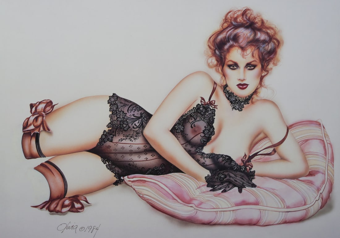 Olivia De Berardinis Lingerie Pinup Poster: Poster by renowned pinup artist Olivia De Berardinis depicting a reclining woman wearing elaborate black lace lingerie and gloves upon a striped pink cushion. The image displays Olivia refined
