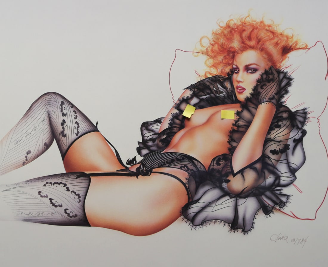 Olivia De Berardinis Between Two Evils Lithograph: Limited edition offset lithograph by renowned pinup artist Olivia De Berardinis titled Between Two Evils, depicting a reclining red haired woman wearing elaborate black lingerie, stockings, and