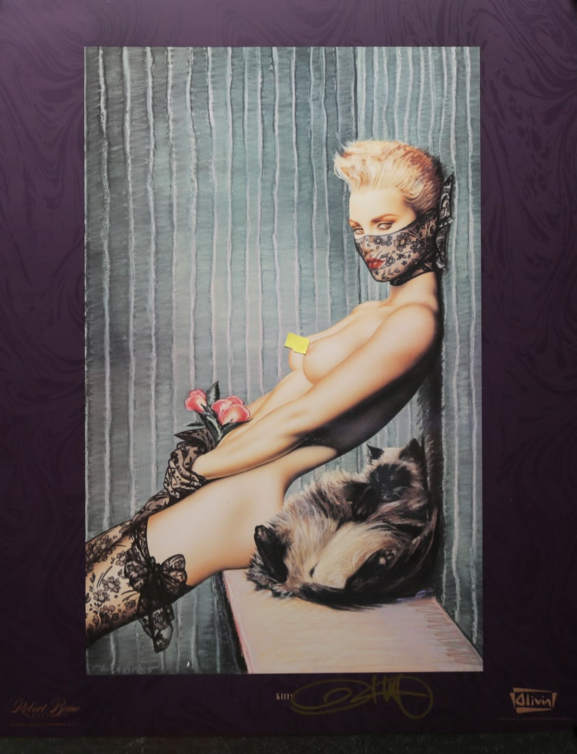 Olivia De Berardinis Kitty Pinup Poster: Poster by renowned pinup artist Olivia De Berardinis titled Kitty, depicting a blonde woman wearing black lace accessories and holding pink roses while posed beside a long haired cat. The composition
