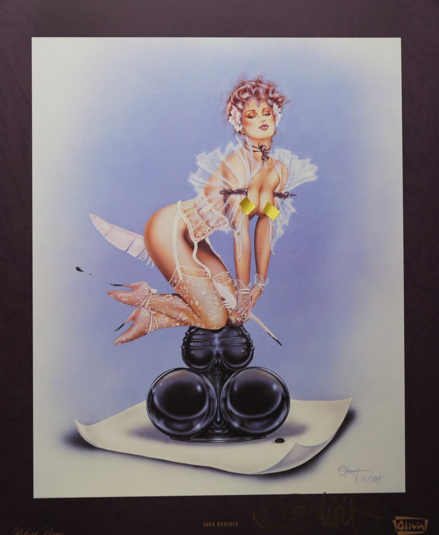 Olivia De Berardinis John Hancock Pinup Poster: Poster by renowned pinup artist Olivia De Berardinis titled John Hancock, depicting a woman in white lingerie posed atop an oversized black inkwell while holding a feather quill. Bears the Olivia