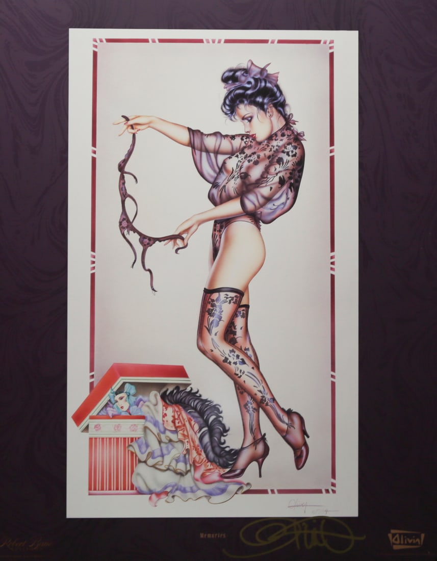 Olivia De Berardinis Memories Pinup Poster: Poster by renowned pinup artist Olivia De Berardinis titled Memories, depicting a woman in floral lingerie holding a garment beside an open decorative box filled with vintage clothing. Bears the