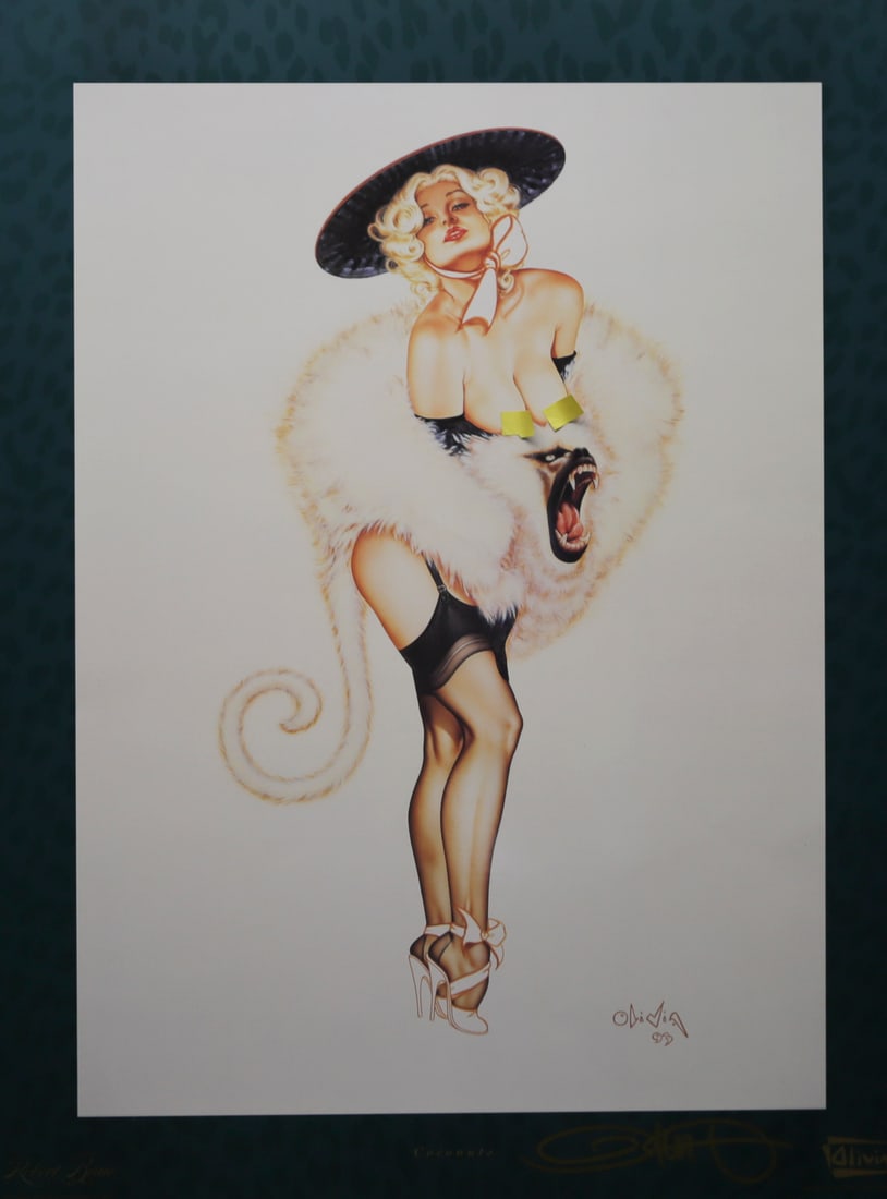 Olivia De Berardinis Coconuts Offset Lithograph: Fine art offset lithograph by renowned pinup artist Olivia De Berardinis titled Coconuts, depicting a blonde woman wearing a broad hat, black stockings, high heels, and an elaborate white fur wrap.