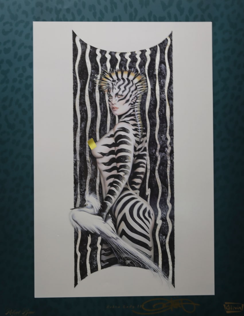 Olivia De Berardinis Zebra Lady III Offset Lithograph: Fine art offset lithograph by renowned pinup artist Olivia De Berardinis titled Zebra Lady III, depicting a stylized female figure painted with dramatic black and white zebra stripes against a