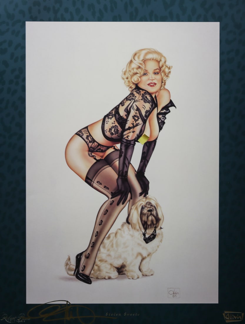 Olivia De Berardinis Stolen Sweets Offset Lithograph: Fine art offset lithograph by renowned pinup artist Olivia De Berardinis titled Stolen Sweets, depicting a blonde woman in black floral lingerie, stockings, gloves, and high heels posed beside a
