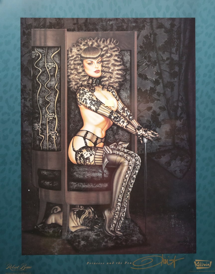 Olivia De Berardinis Princess and the Pea Poster: Poster by renowned pinup artist Olivia De Berardinis titled Princess and the Pea, depicting a woman in elaborate black lace lingerie and tall satin boots seated upon an ornate chair with a small dog