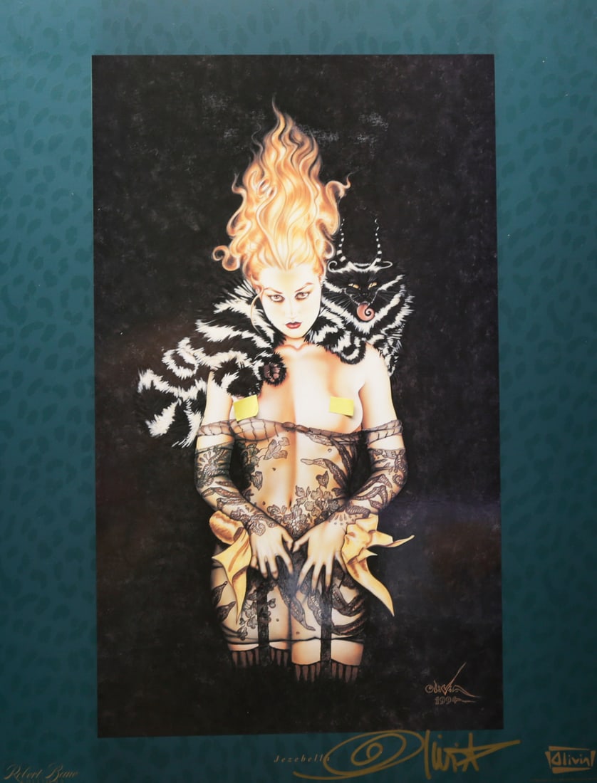 Olivia De Berardinis Jezebella Poster: Poster by renowned pinup artist Olivia De Berardinis titled Jezebella, depicting a red haired woman in elaborate black lace lingerie with gold bows and a black and white cat draped around her shoulder