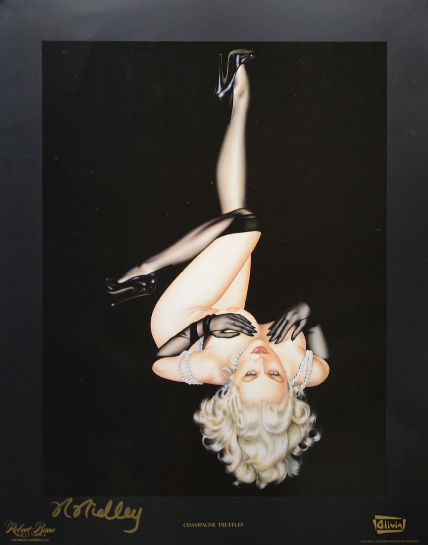 Olivia De Berardinis Champagne Truffles Signed Offset Lithograph: Fine art offset lithograph by renowned pinup artist Olivia De Berardinis titled Champagne Truffles, depicting a blonde woman wearing black stockings, high heels, gloves, and strands of pearls against